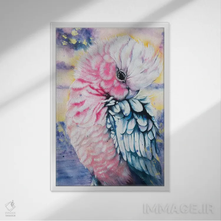 تابلو گالا صورتی آبرنگی (نوعی پرنده) اثر آنتوانل - نمای قابدار سفید