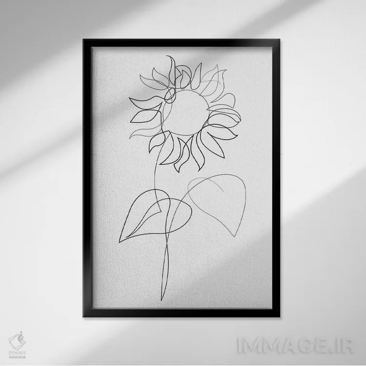 تابلو گل آفتابگردان تکخطی اثر ادیلوم - نمای قابدار مشکی