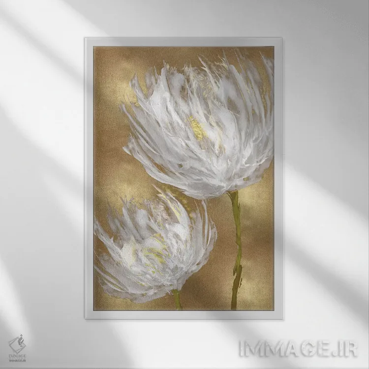 تابلو لالهها بر زمینهٔ طلایی II اثر ونسا آستین - نمای قابدار سفید
