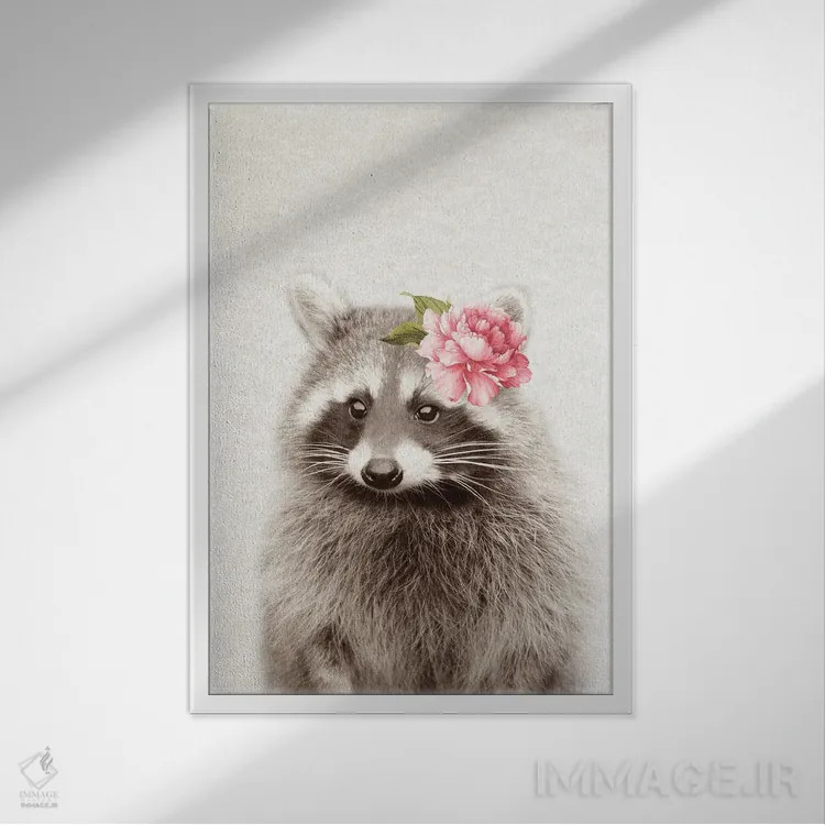 تابلو راکون گلدار اثر امیلی وینتیج کو (برند/استودیو) - نمای قابدار سفید