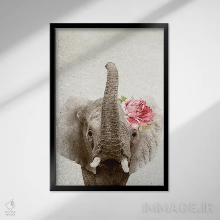 تابلو فیل گلدار اثر امیلی وینتیج کو (برند/استودیو) - نمای قابدار مشکی