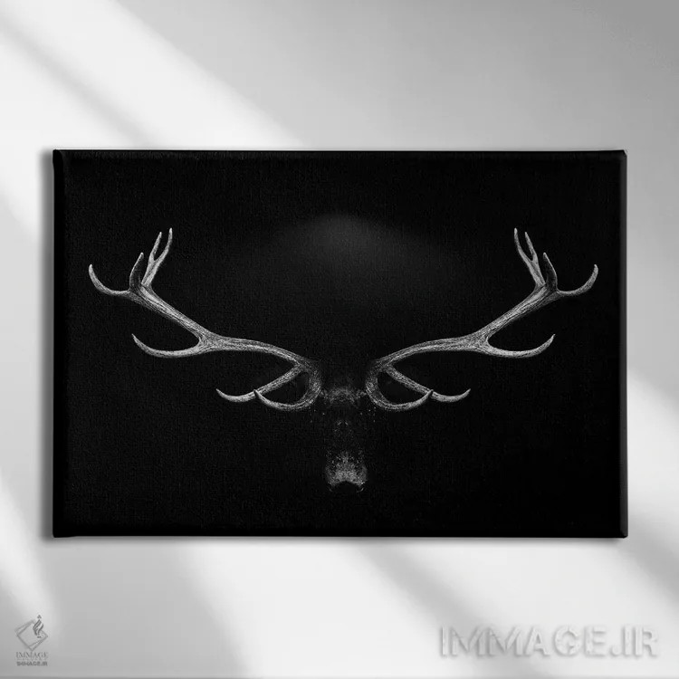 تابلو پرتره شاخهای گوزن روی پسزمینه سفید و سیاه اثر آدریان ویریو - نمای روبهرو روی دیوار