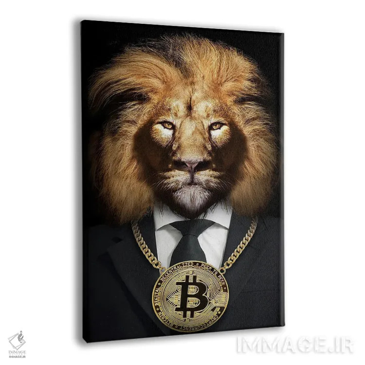 تابلو شیر با بیتکوین طلایی دور گردن اثر آدریان ویریو - نمای پرسپکتیو محصول
