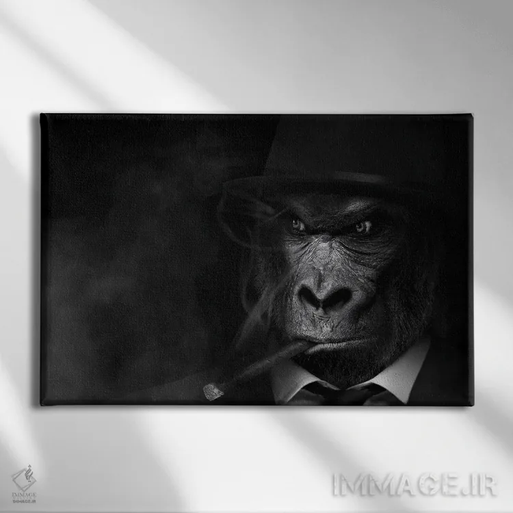 تابلو مرد به شکل گوریل، در حال سیگار کشیدن (سیاه و سفید) اثر آدریان ویریو - نمای روبهرو روی دیوار