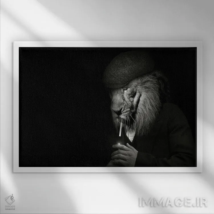 تابلو مرد به شکل شیر مافیایی در حال سیگار کشیدن اثر آدریان ویریو - نمای قابدار سفید