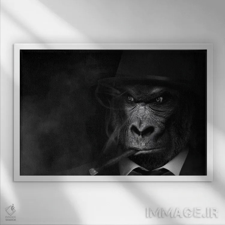 تابلو مرد به شکل گوریل، در حال سیگار کشیدن (سیاه و سفید) اثر آدریان ویریو - نمای قابدار سفید