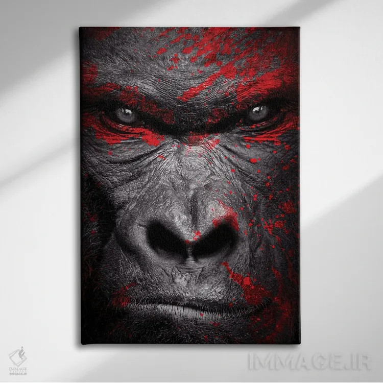 تابلو سر جنگجوی گوریل روی پسزمینه سیاه اثر آدریان ویریو - نمای روبهرو روی دیوار