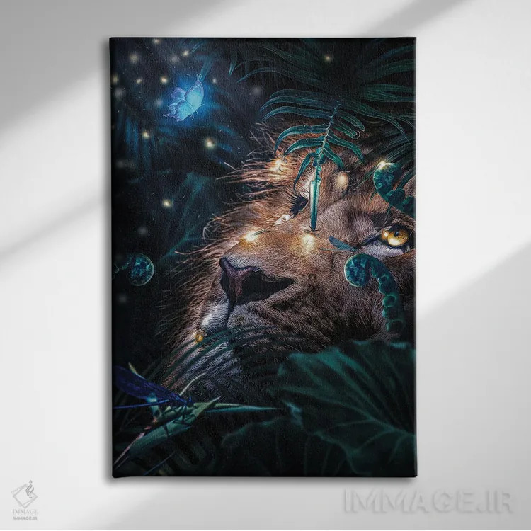 تابلو شیر در جنگل، شبتابها شب را روشن میکنند اثر آدریان ویریو - نمای روبهرو روی دیوار