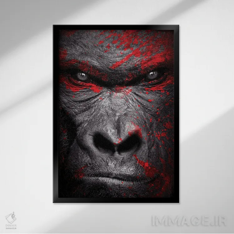 تابلو سر جنگجوی گوریل روی پسزمینه سیاه اثر آدریان ویریو - نمای قابدار مشکی