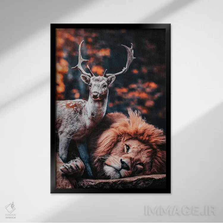 تابلو شیر دوست گوزن است اثر آدریان ویریو - نمای قابدار مشکی