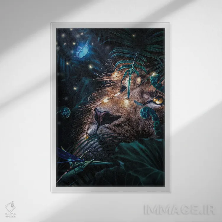 تابلو شیر در جنگل، شبتابها شب را روشن میکنند اثر آدریان ویریو - نمای قابدار سفید