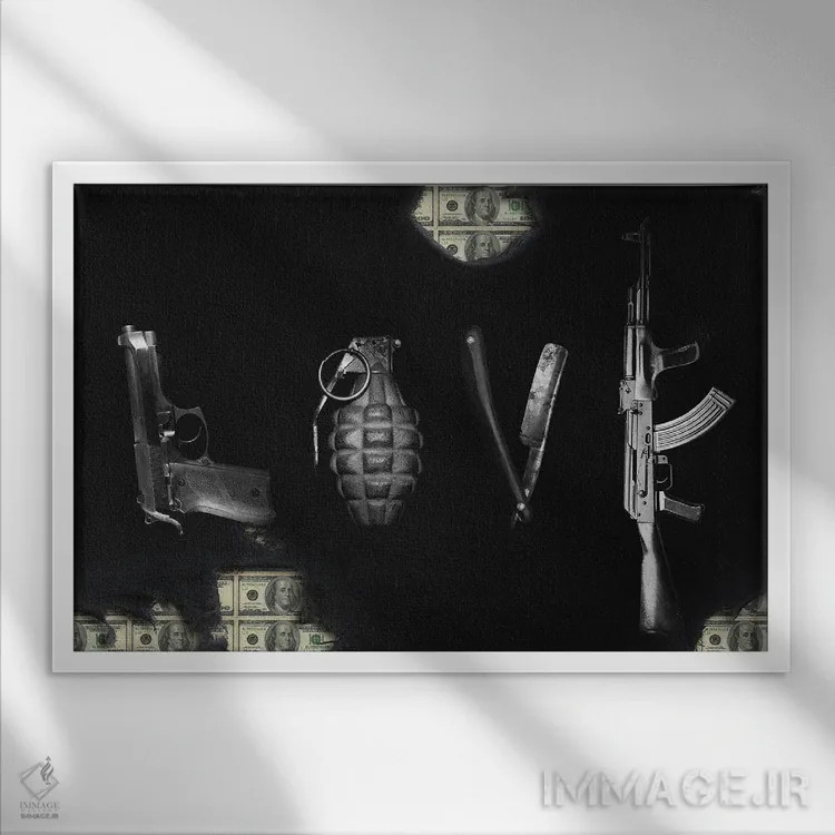 تابلو اسلحههای عشق، مافیای پول اثر آدریان ویریو - نمای قابدار سفید