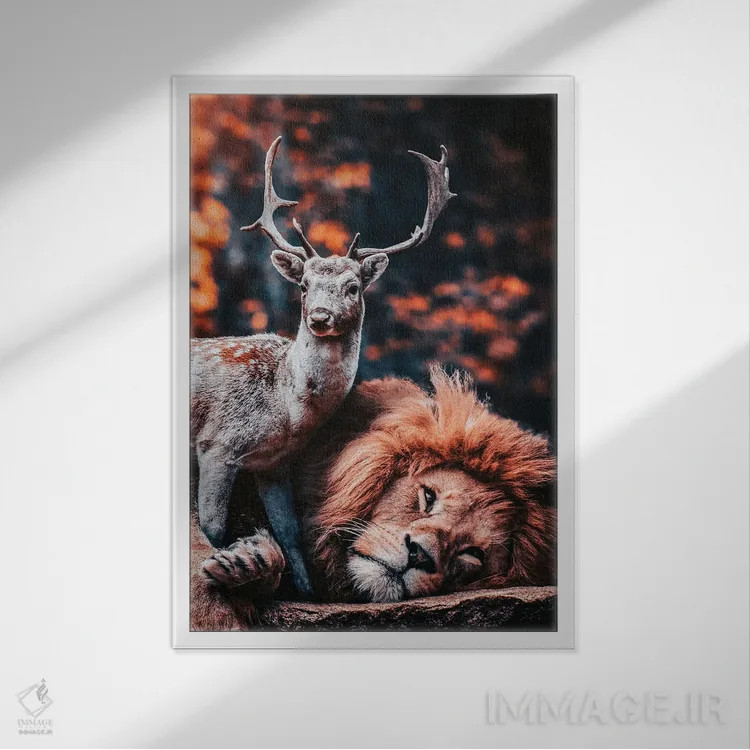 تابلو شیر دوست گوزن است اثر آدریان ویریو - نمای قابدار سفید