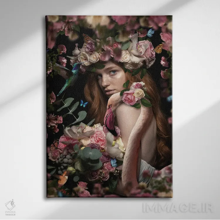 تابلو زن در میان گلها با فلامینگو اثر آدریان ویریو - نمای روبهرو روی دیوار