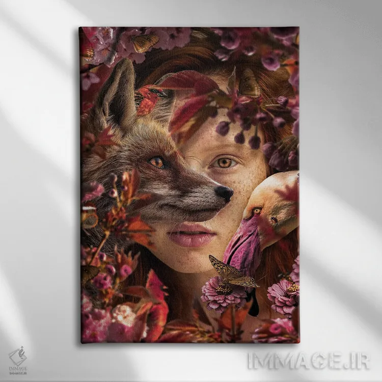 تابلو زن در میان گلها با روباه اثر آدریان ویریو - نمای روبهرو روی دیوار