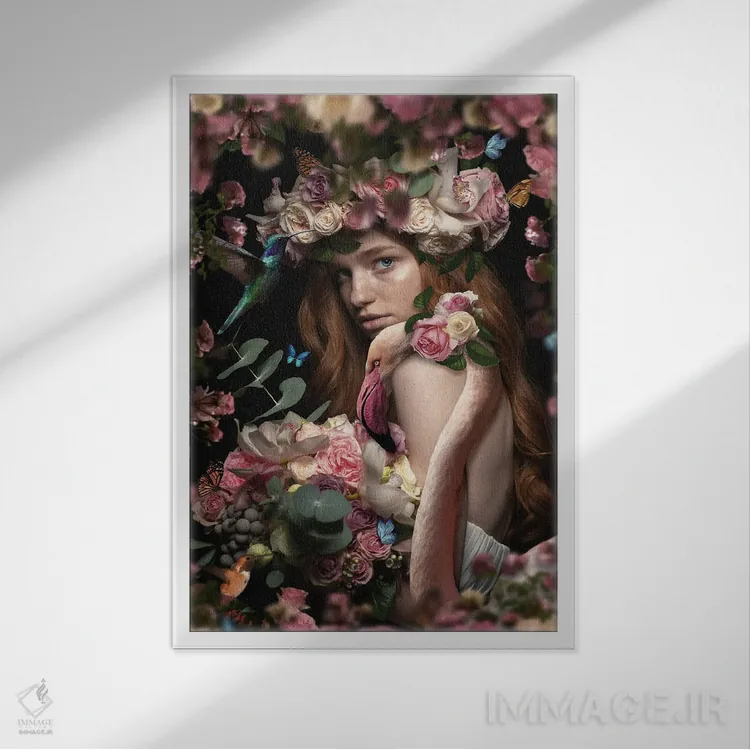 تابلو زن در میان گلها با فلامینگو اثر آدریان ویریو - نمای قابدار سفید