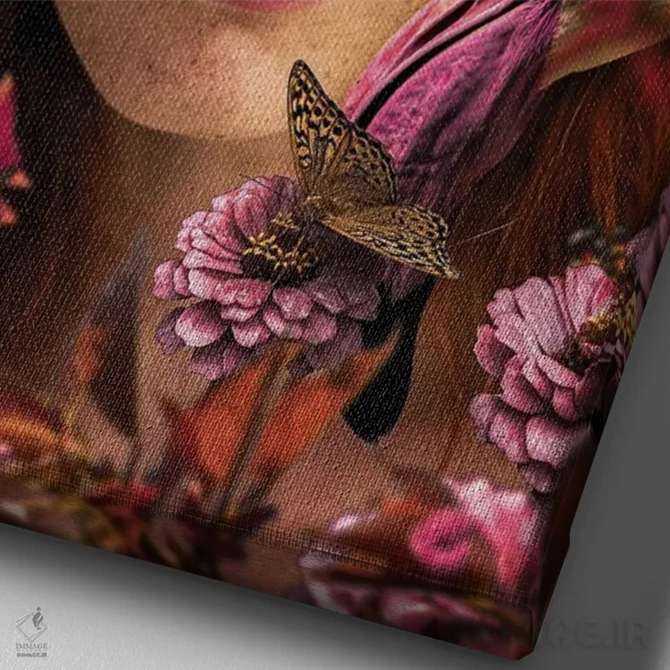 تابلو زن در میان گلها با روباه اثر آدریان ویریو - نمای نزدیک بافت بوم