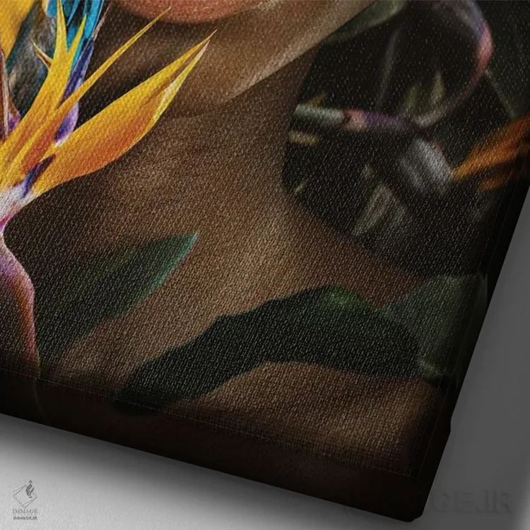 تابلو زن در میان گلها با طوطی اثر آدریان ویریو - نمای نزدیک بافت بوم