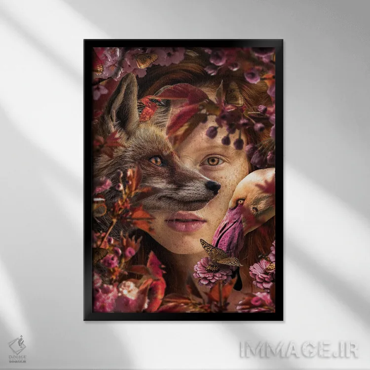 تابلو زن در میان گلها با روباه اثر آدریان ویریو - نمای قابدار مشکی