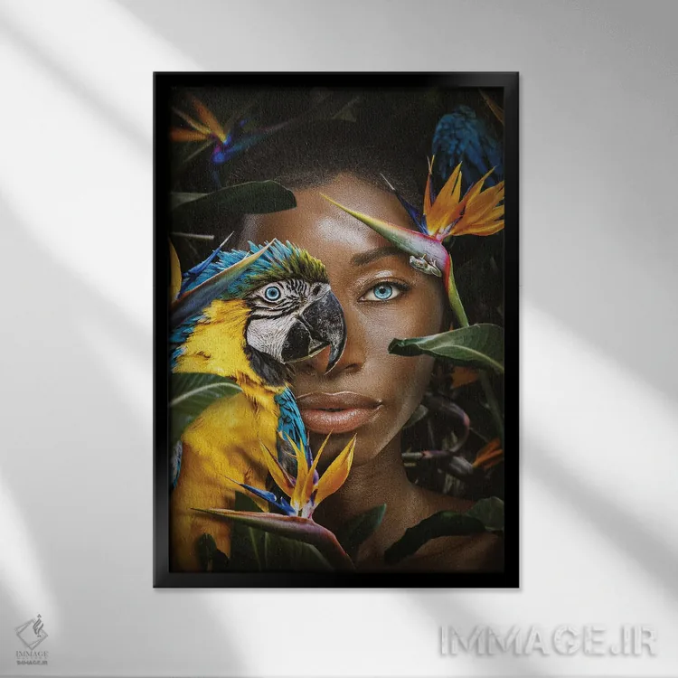 تابلو زن در میان گلها با طوطی اثر آدریان ویریو - نمای قابدار مشکی