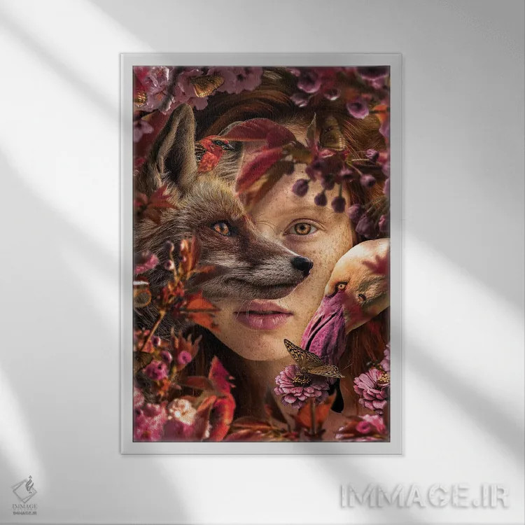 تابلو زن در میان گلها با روباه اثر آدریان ویریو - نمای قابدار سفید