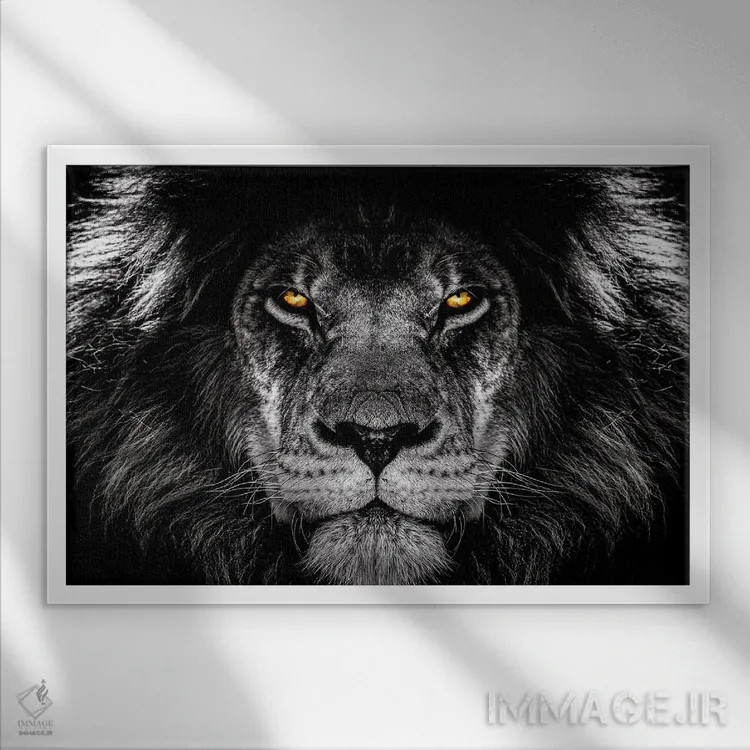 تابلو شیر با نگاه آتشین اثر آدریان ویریو - نمای قابدار سفید