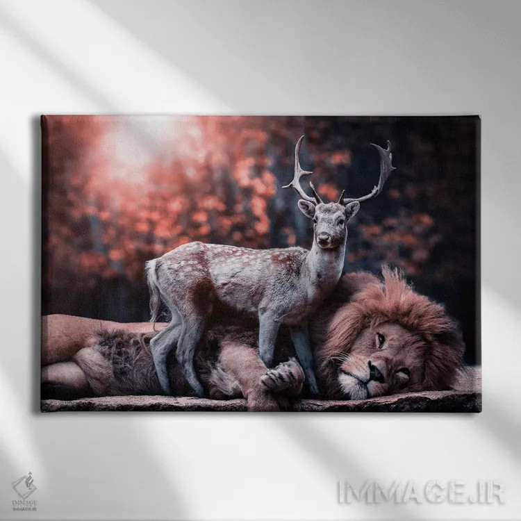 تابلو شیر و گوزن دوست شدند اثر آدریان ویریو - نمای روبهرو روی دیوار