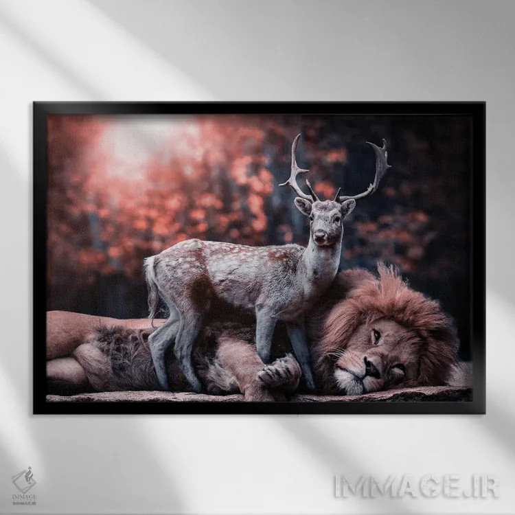 تابلو شیر و گوزن دوست شدند اثر آدریان ویریو - نمای قابدار مشکی