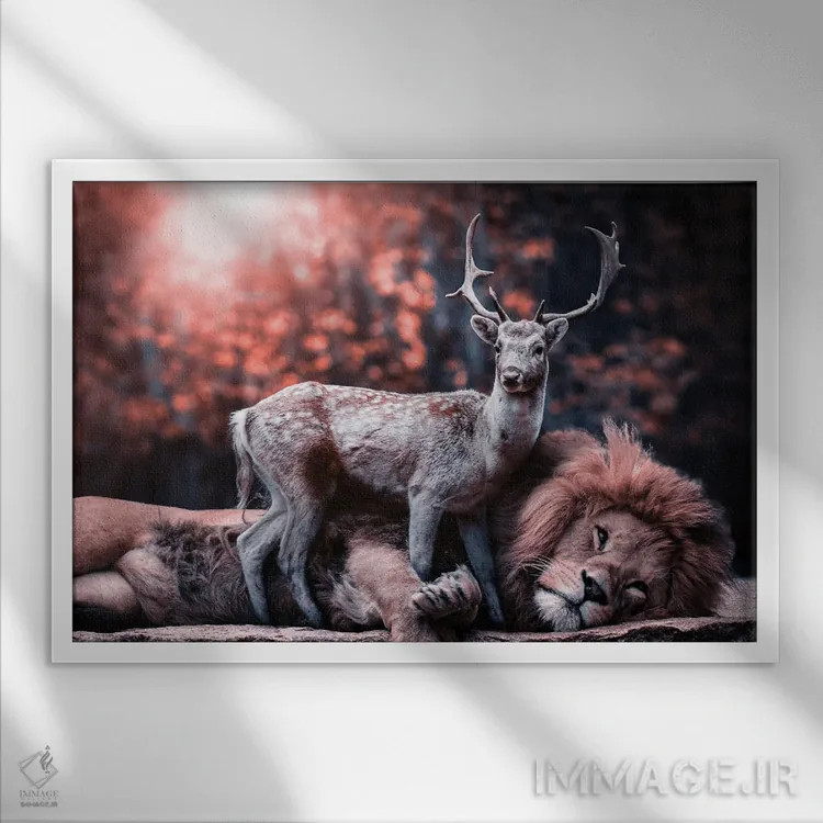 تابلو شیر و گوزن دوست شدند اثر آدریان ویریو - نمای قابدار سفید