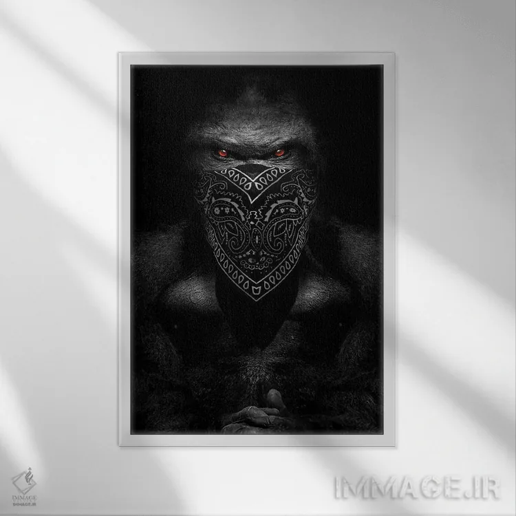 تابلو رئیس گوریل با دستمال سر رپ اثر آدریان ویریو - نمای قابدار سفید