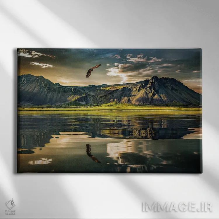 تابلو عقاب در طبیعت و بازتاب کوهها در دریاچه اثر آدریان ویریو - نمای روبهرو روی دیوار