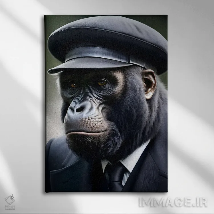 تابلو Hat (Animal Isolated On Black Background) IV,گوریل با کتوشلوار شیک و کلاه (حیوان روی پسزمینه سیاه) اثر آدریان ویریو - نمای روبهرو روی دیوار