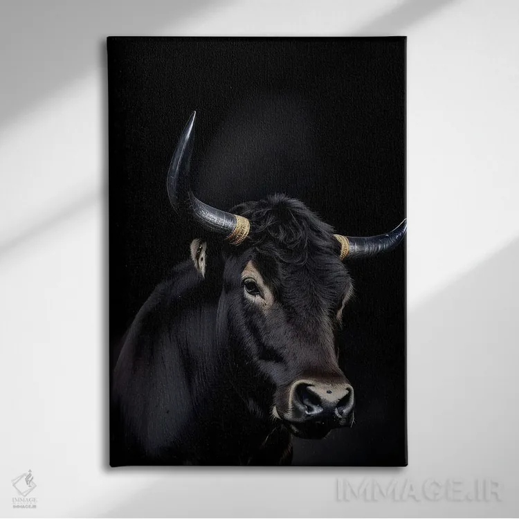 تابلو پرتره صورت گاو روی پسزمینه سیاه اثر آدریان ویریو - نمای روبهرو روی دیوار