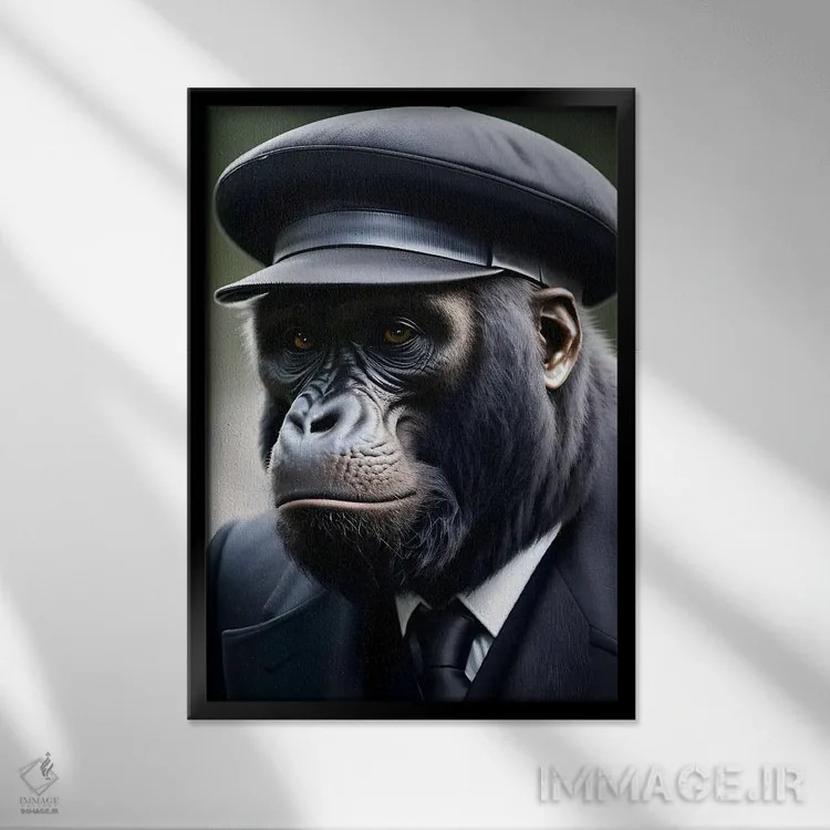 تابلو Hat (Animal Isolated On Black Background) IV,گوریل با کتوشلوار شیک و کلاه (حیوان روی پسزمینه سیاه) اثر آدریان ویریو - نمای قابدار مشکی