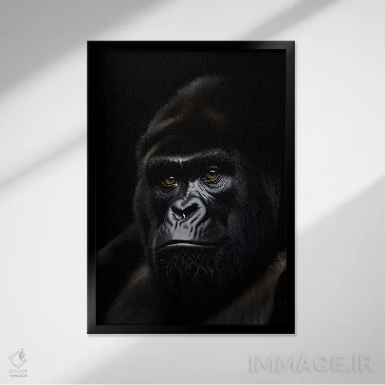 تابلو پرتره صورت گوریل روی پسزمینه سیاه اثر آدریان ویریو - نمای قابدار مشکی