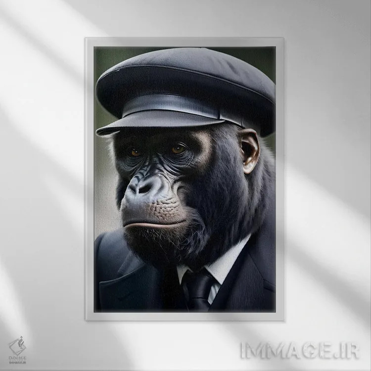 تابلو Hat (Animal Isolated On Black Background) IV,گوریل با کتوشلوار شیک و کلاه (حیوان روی پسزمینه سیاه) اثر آدریان ویریو - نمای قابدار سفید