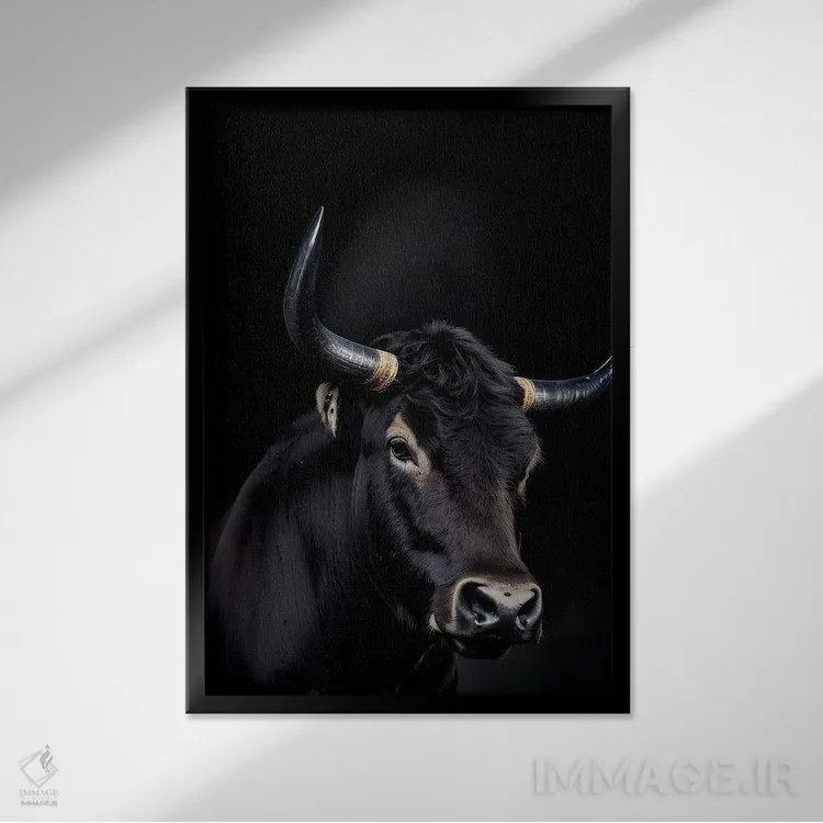تابلو پرتره صورت گاو روی پسزمینه سیاه اثر آدریان ویریو - نمای قابدار مشکی