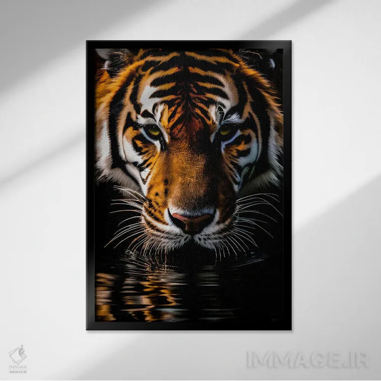 تابلو Animal,پرتره صورت ببر هنگام نوشیدن آب از دریاچه اثر آدریان ویریو - نمای قابدار مشکی