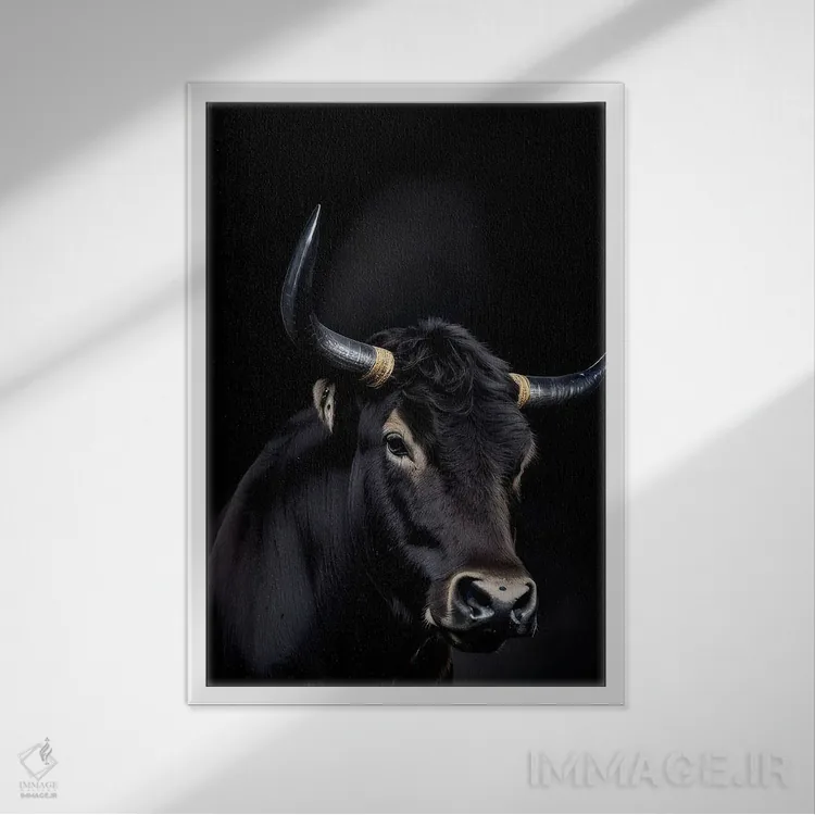 تابلو پرتره صورت گاو روی پسزمینه سیاه اثر آدریان ویریو - نمای قابدار سفید
