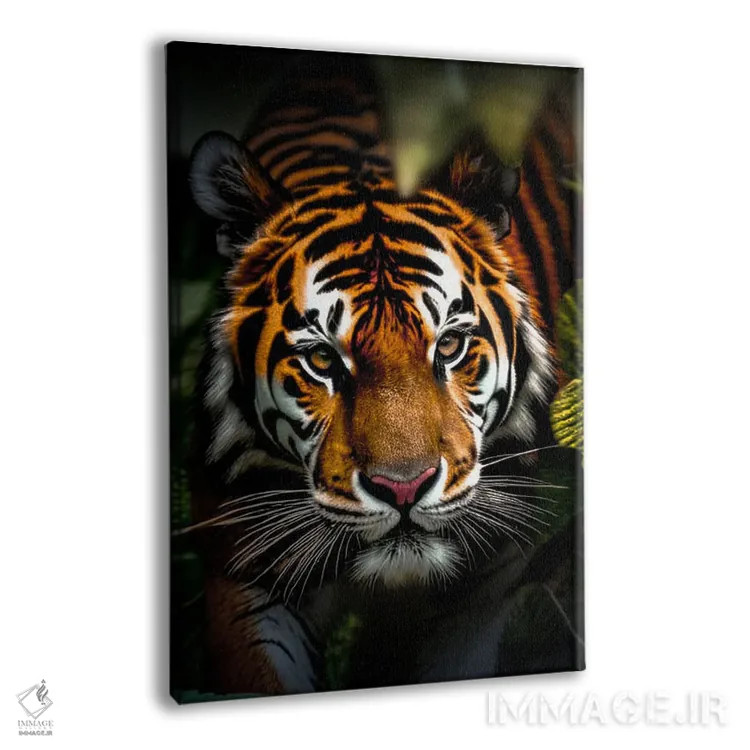 تابلو Animal In The Jungle,پرتره صورت ببر میان برگها در جنگل اثر آدریان ویریو - نمای پرسپکتیو محصول