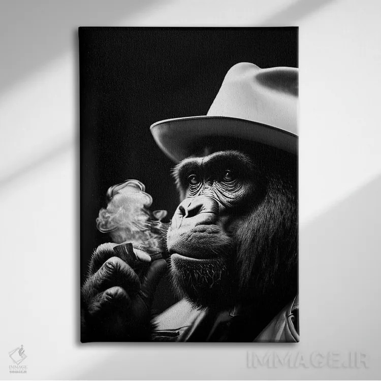 تابلو Hat On Head And Elegantly Dressed, Animal Black And White V,پرتره سیاهوسفید گوریل در حال سیگار کشیدن با کلاه و لباس شیک اثر آدریان ویریو - نمای روبهرو روی دیوار