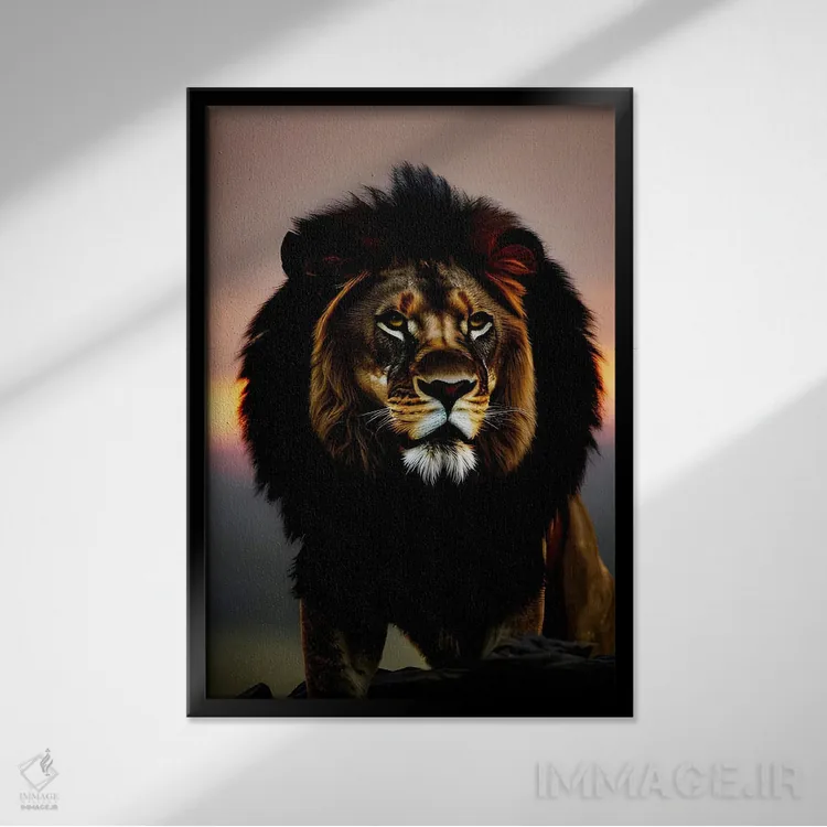 تابلو Animal,پرتره شیر در غروب خورشید اثر آدریان ویریو - نمای قابدار مشکی