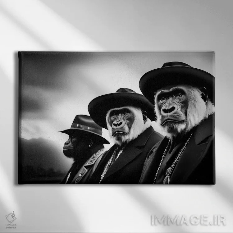 تابلو Black And White IV,گروهی از گوریلها با کلاه و لباس شیک، سیاهوسفید اثر آدریان ویریو - نمای روبهرو روی دیوار