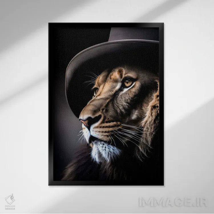 تابلو Lion's Head,شیر با کلاه، سر شیر اثر آدریان ویریو - نمای قابدار مشکی