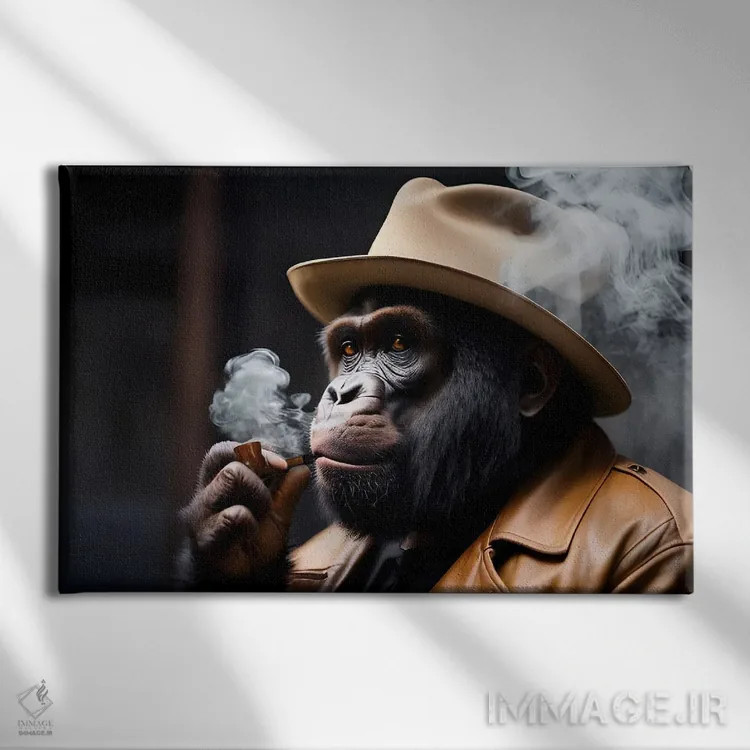 تابلو Hat On Head And Elegantly Dressed, Animal,پرتره گوریل در حال سیگار کشیدن با کلاه و لباس شیک اثر آدریان ویریو - نمای روبهرو روی دیوار