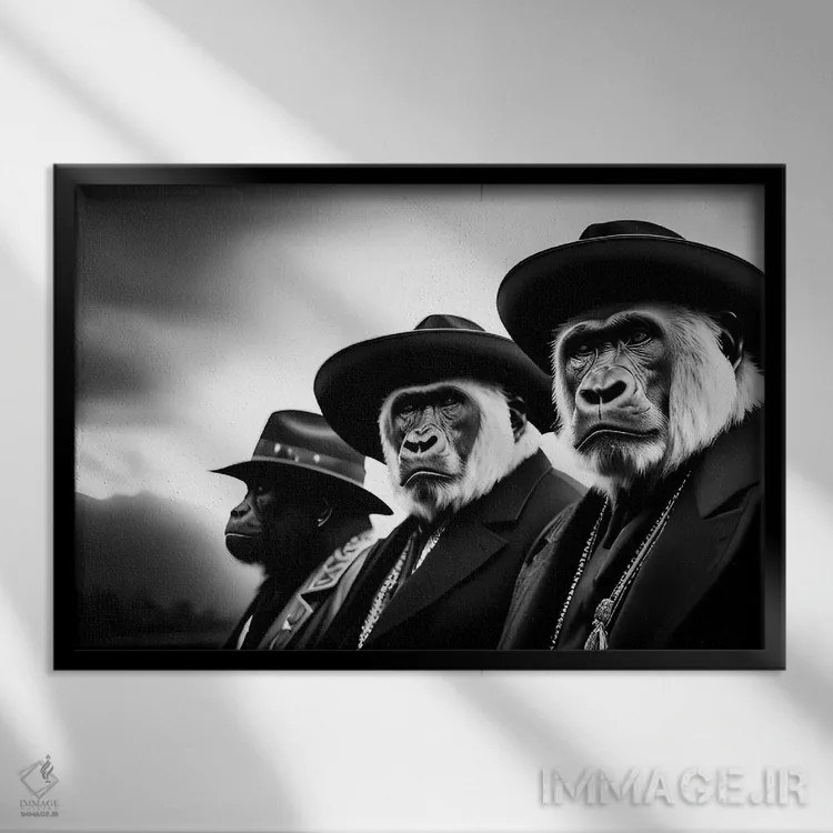 تابلو Black And White IV,گروهی از گوریلها با کلاه و لباس شیک، سیاهوسفید اثر آدریان ویریو - نمای قابدار مشکی
