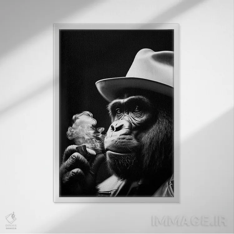 تابلو Hat On Head And Elegantly Dressed, Animal Black And White V,پرتره سیاهوسفید گوریل در حال سیگار کشیدن با کلاه و لباس شیک اثر آدریان ویریو - نمای قابدار سفید