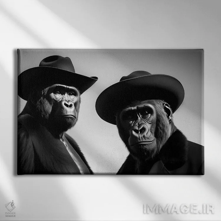 تابلو Black And White V,گروهی از گوریلها با کلاه و لباس شیک، سیاهوسفید اثر آدریان ویریو - نمای روبهرو روی دیوار