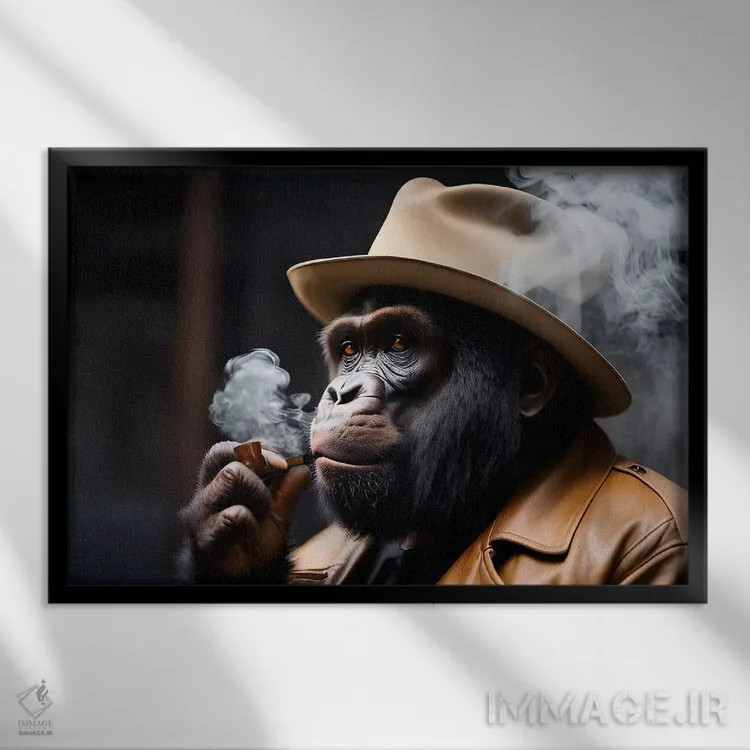 تابلو Hat On Head And Elegantly Dressed, Animal,پرتره گوریل در حال سیگار کشیدن با کلاه و لباس شیک اثر آدریان ویریو - نمای قابدار مشکی