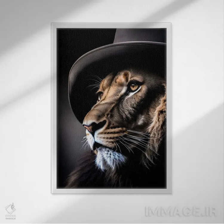 تابلو Lion's Head,شیر با کلاه، سر شیر اثر آدریان ویریو - نمای قابدار سفید